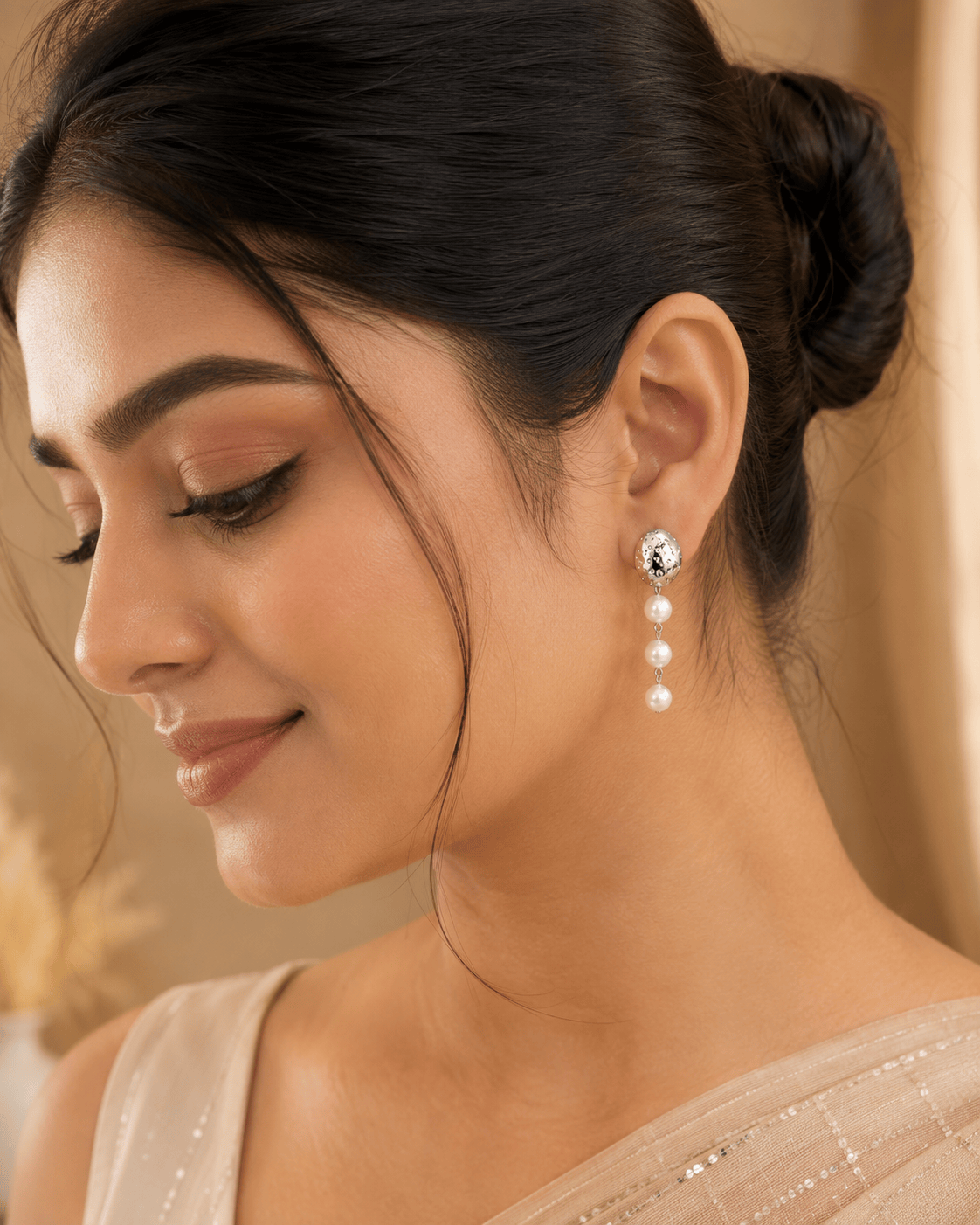 Silver Tone Textured Oval Triple Pearl Drop Dangler Earrings for Women & Girls