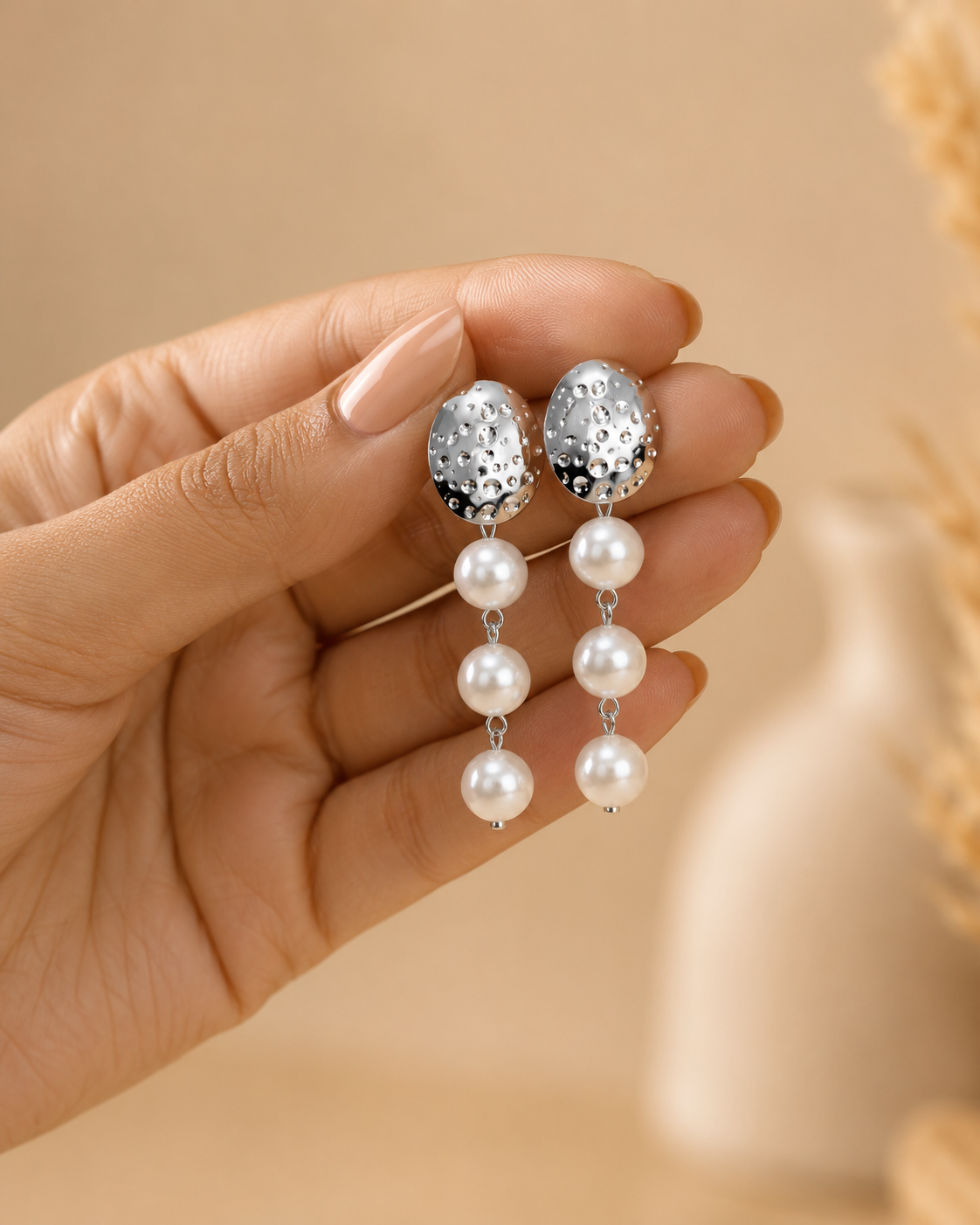 Silver Tone Textured Oval Triple Pearl Drop Dangler Earrings for Women & Girls