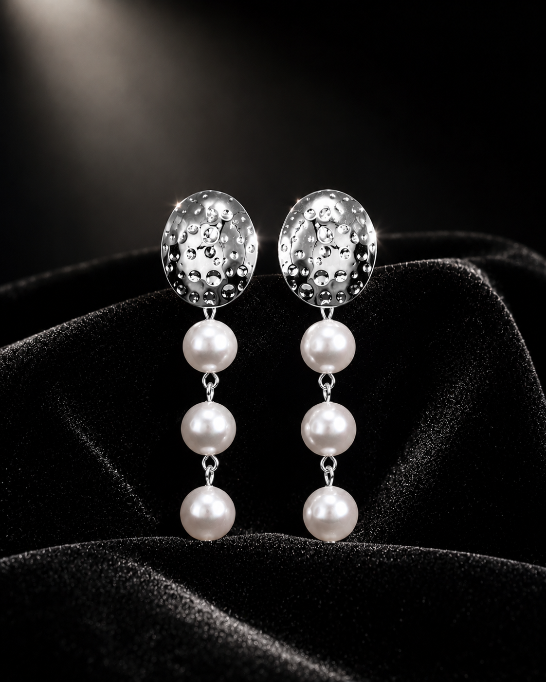 Silver Tone Textured Oval Triple Pearl Drop Dangler Earrings for Women & Girls