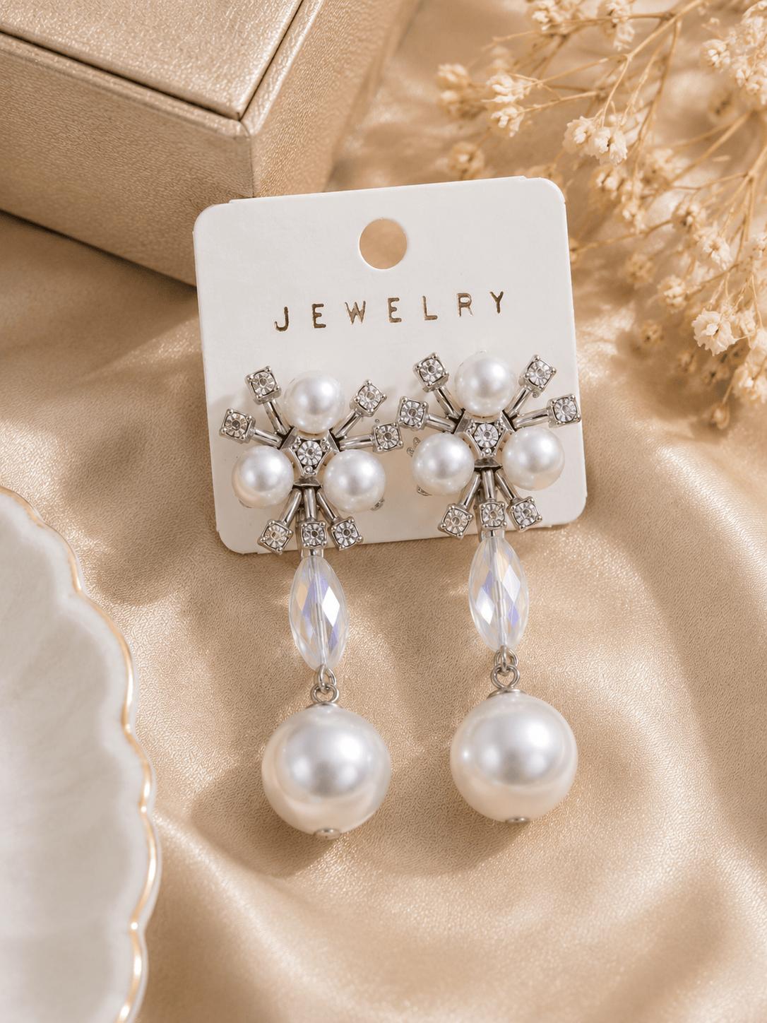 Korean Style Silver Tone Pearl Drop Earrings for Women – Crystal Floral Designer Artificial Fashion Jewellery