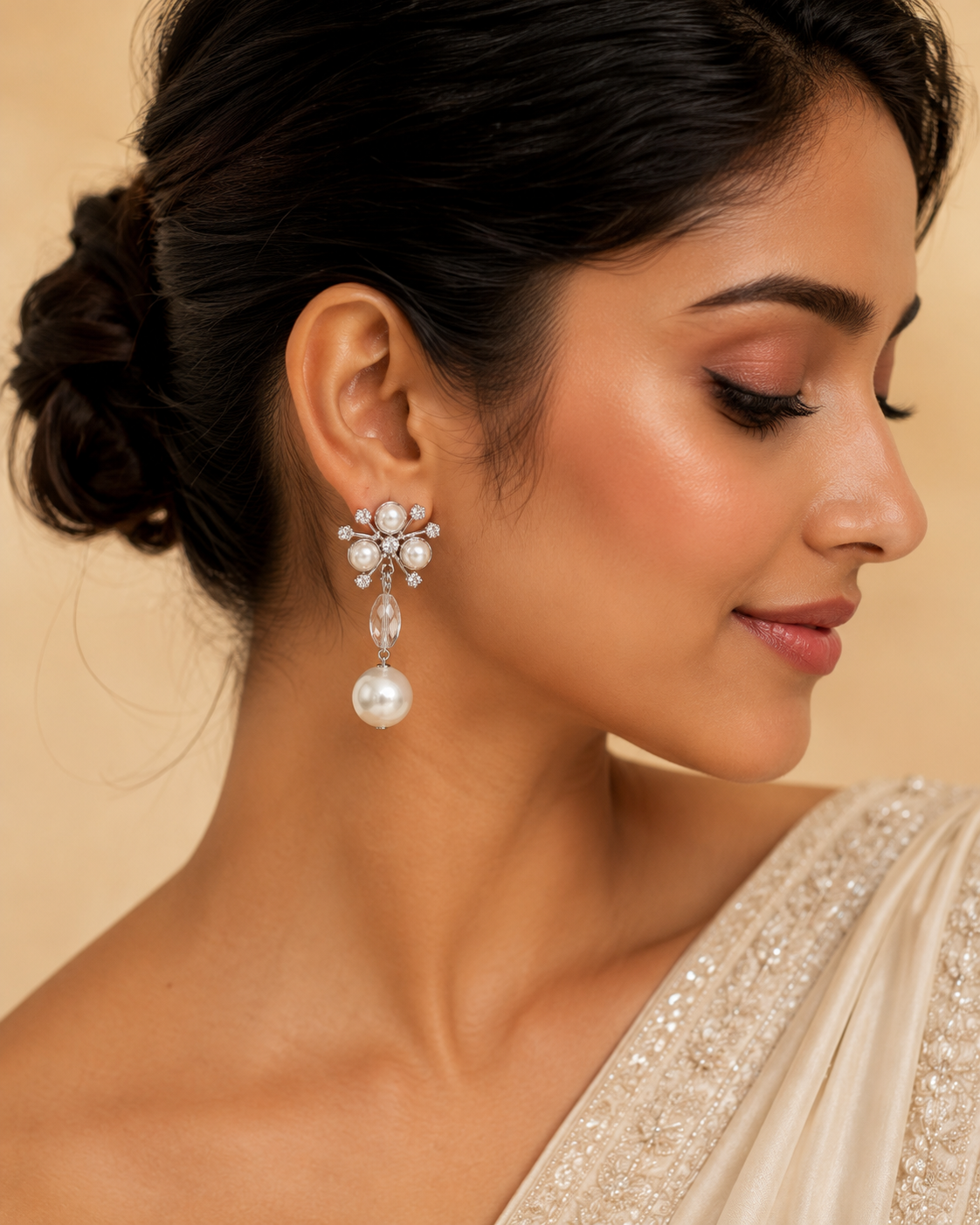 Korean Style Silver Tone Pearl Drop Earrings for Women – Crystal Floral Designer Artificial Fashion Jewellery