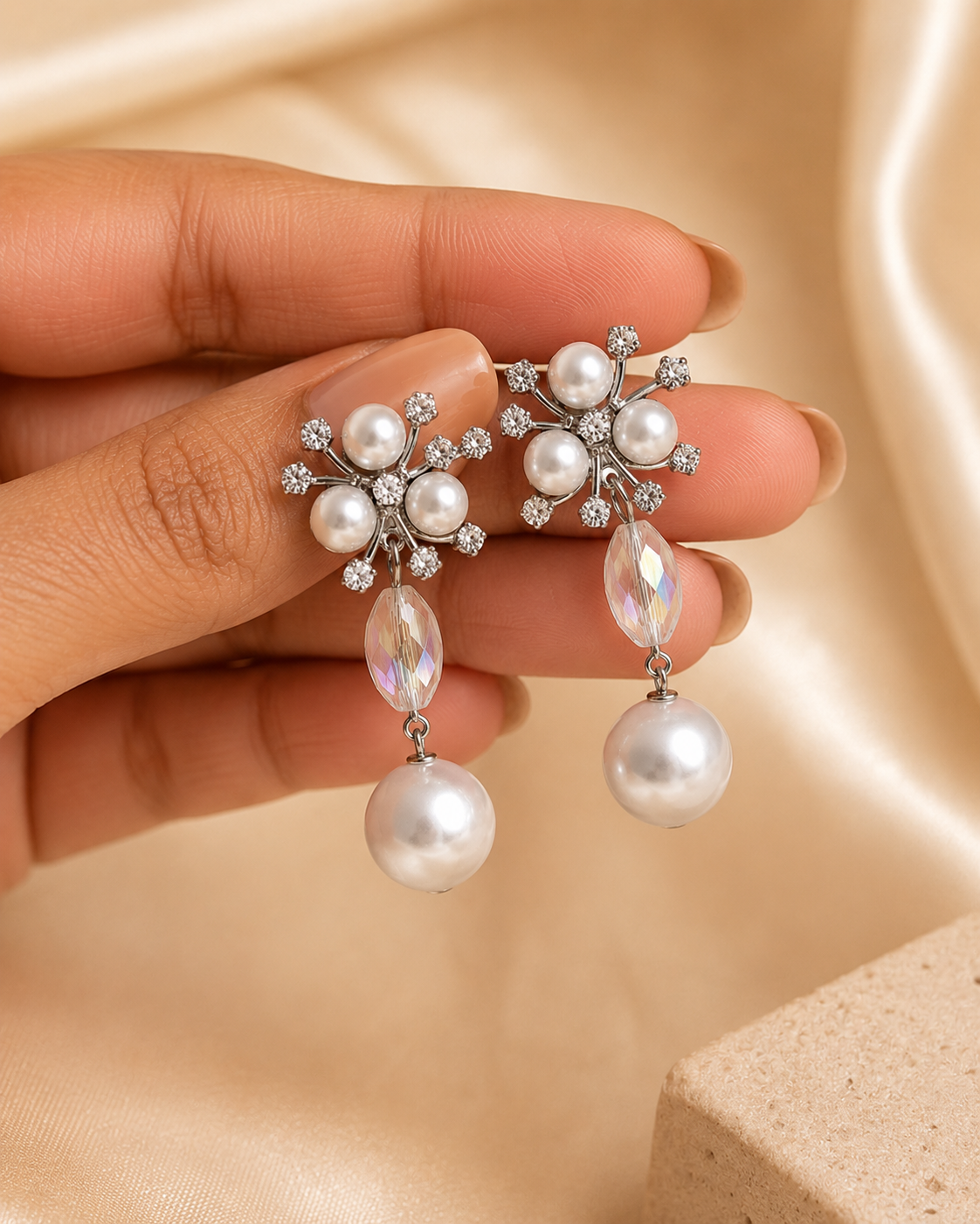 Korean Style Silver Tone Pearl Drop Earrings for Women – Crystal Floral Designer Artificial Fashion Jewellery