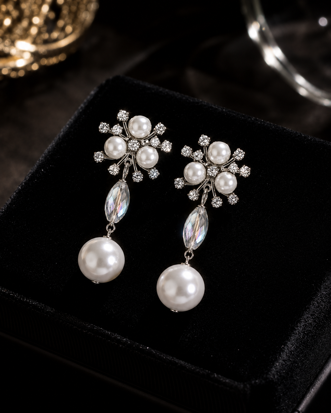 Korean Style Silver Tone Pearl Drop Earrings for Women – Crystal Floral Designer Artificial Fashion Jewellery
