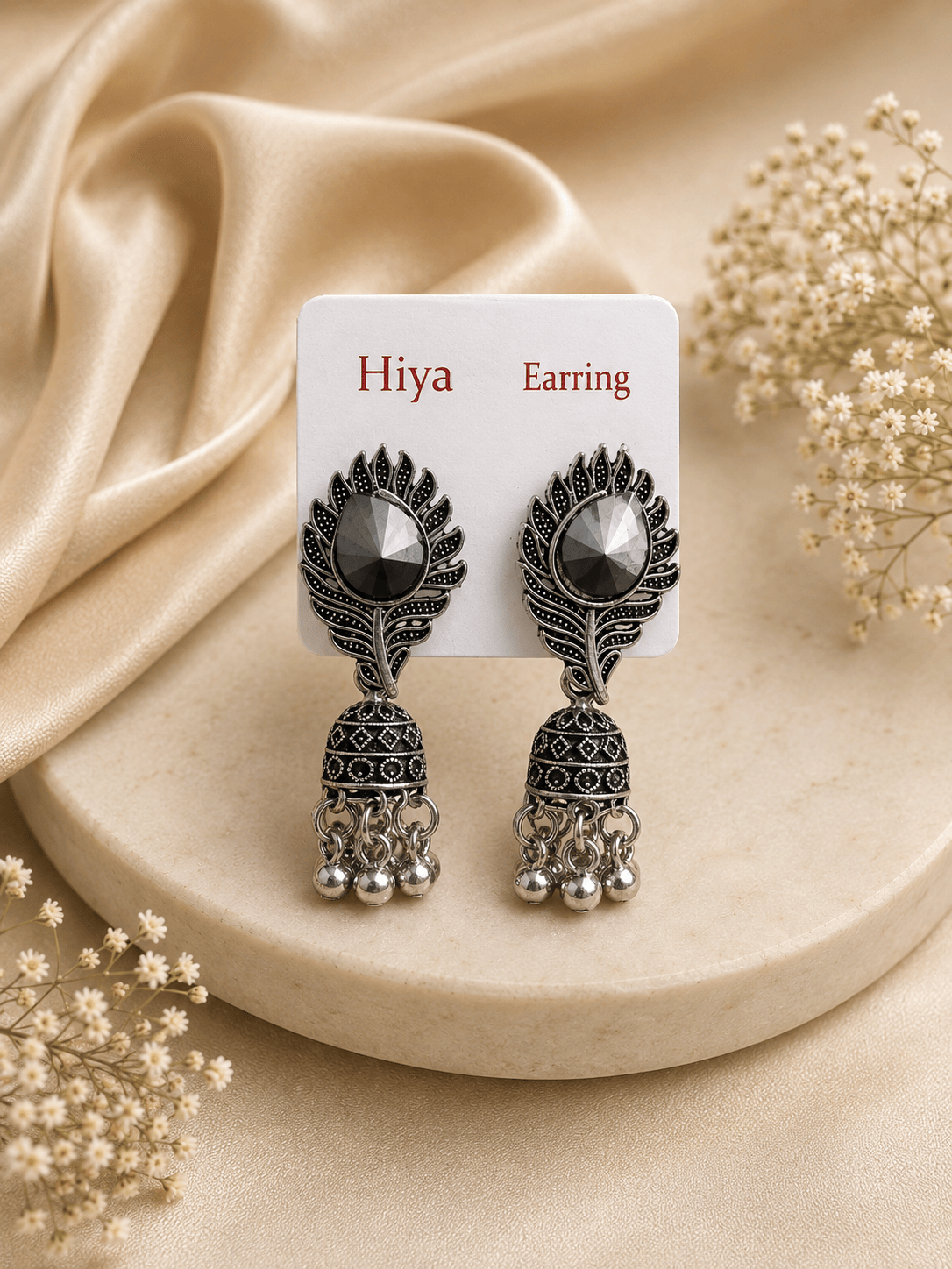 Oxidised Silver Leaf Design Black Stone Stud Jhumka Earrings