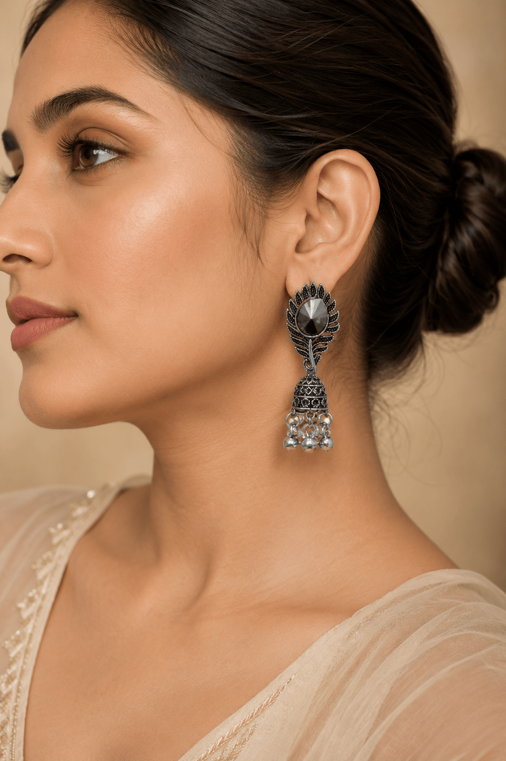 Oxidised Silver Leaf Design Black Stone Stud Jhumka Earrings