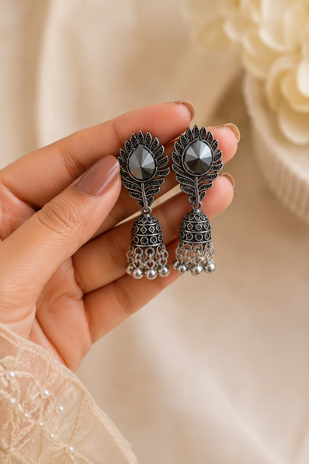 Oxidised Silver Leaf Design Black Stone Stud Jhumka Earrings