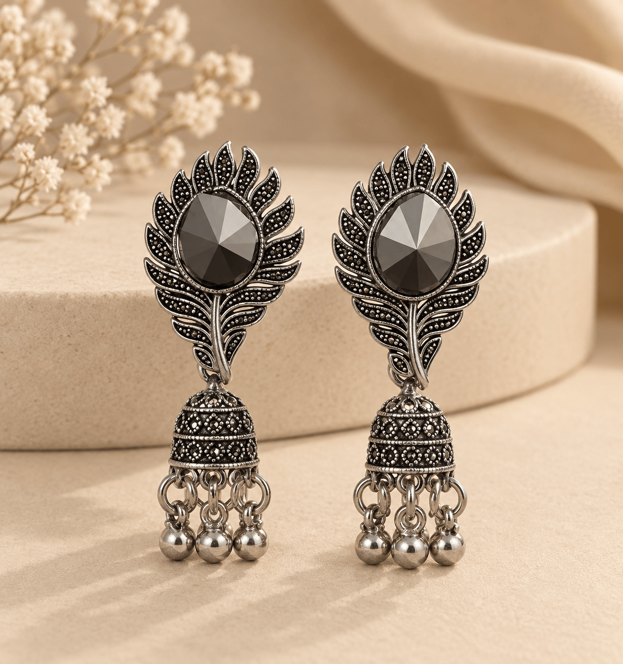 Oxidised Silver Leaf Design Black Stone Stud Jhumka Earrings