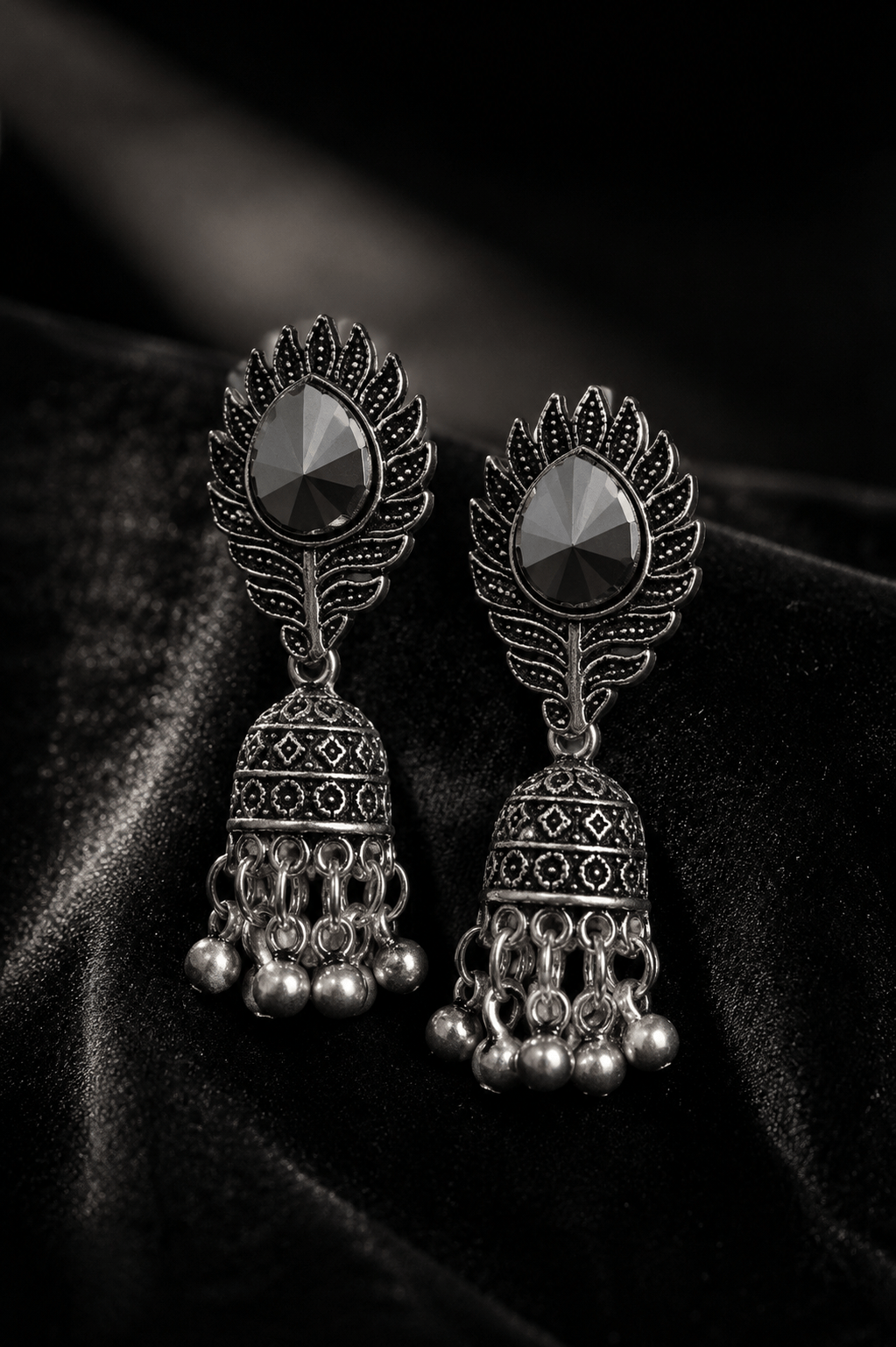 Oxidised Silver Leaf Design Black Stone Stud Jhumka Earrings