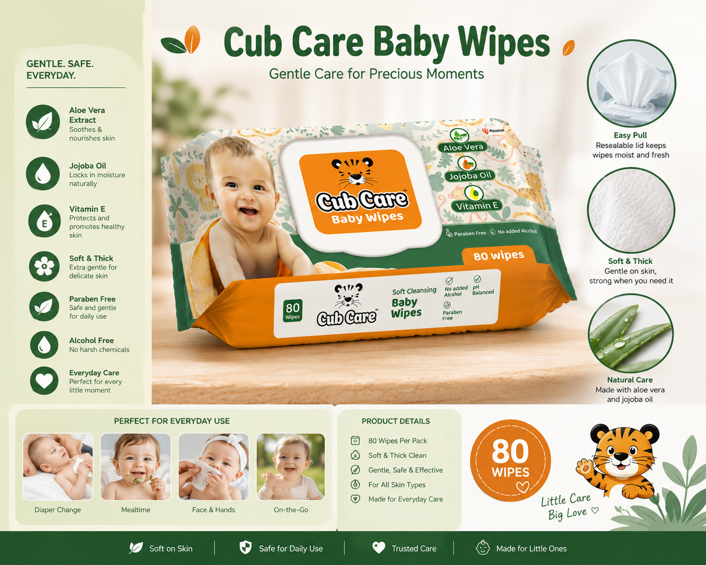 Cub Care Baby Wipes 80 Wipes | With Aloe Vera, Jojoba Oil and Vitamin E