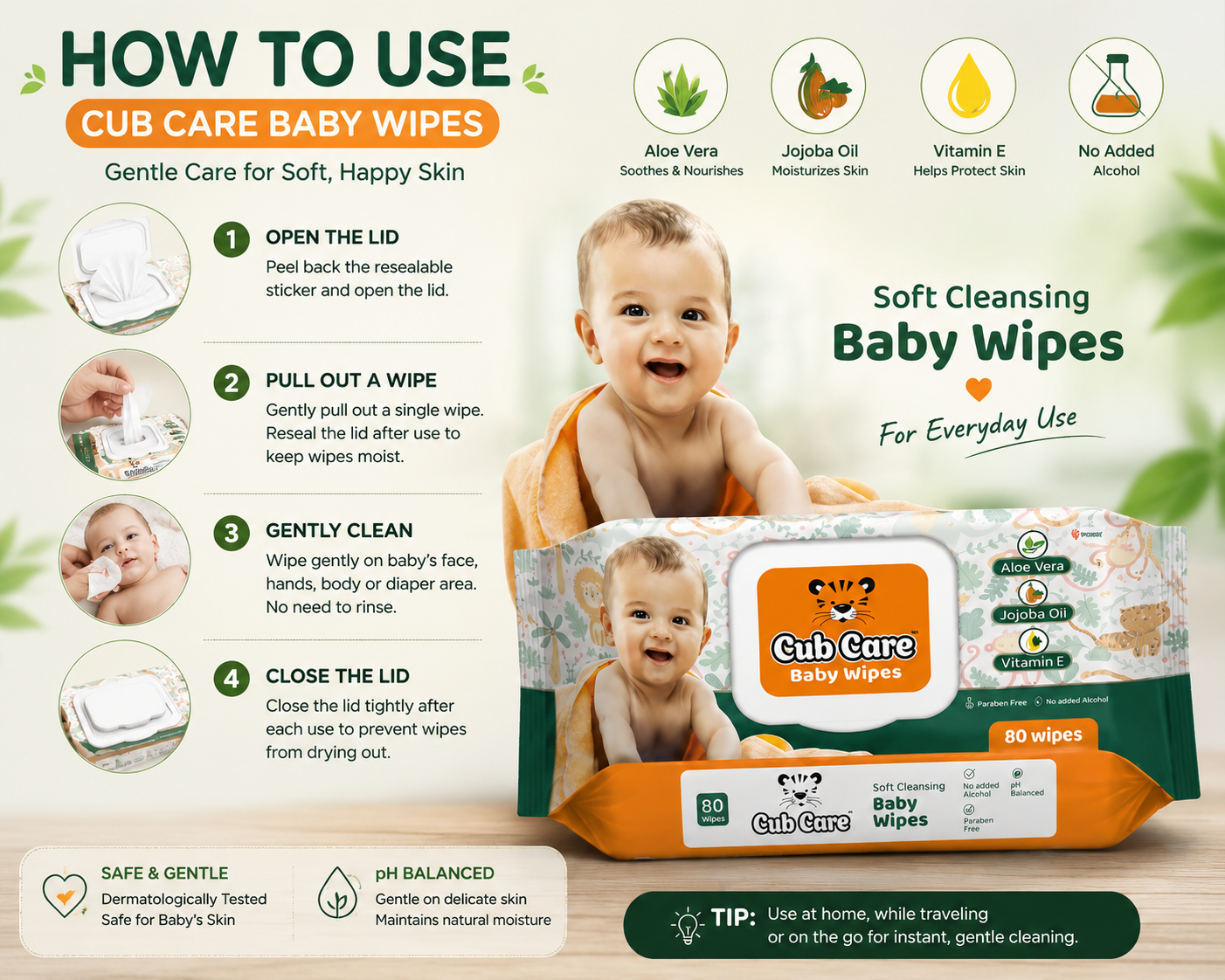 Cub Care Baby Wipes 80 Wipes | With Aloe Vera, Jojoba Oil and Vitamin E