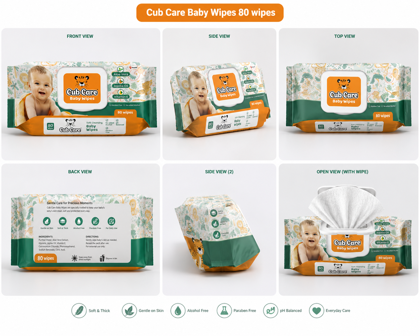 Cub Care Baby Wipes 80 Wipes | With Aloe Vera, Jojoba Oil and Vitamin E