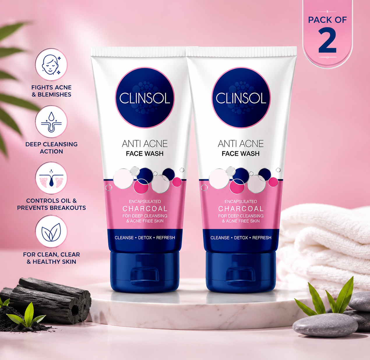 Clinsol Anti-Acne Charcoal Face Wash 70 g | Paraben-Free