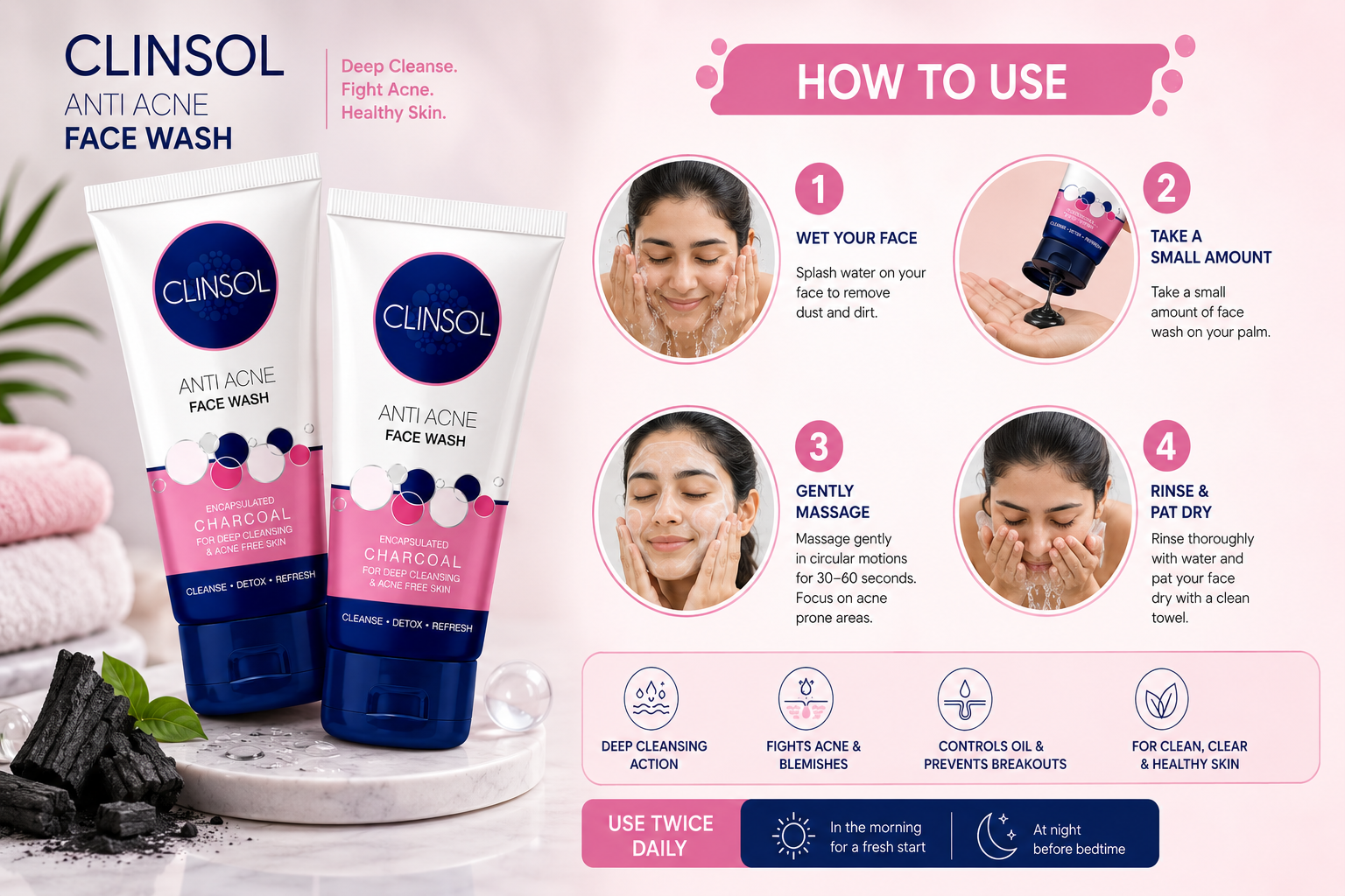 Clinsol Anti-Acne Charcoal Face Wash 70 g | Paraben-Free